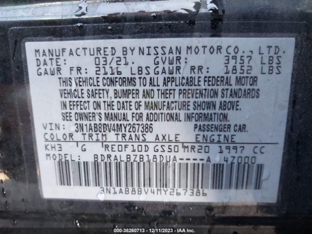 3N1AB8BV4MY267386 Nissan Sentra S Xtronic Cvt