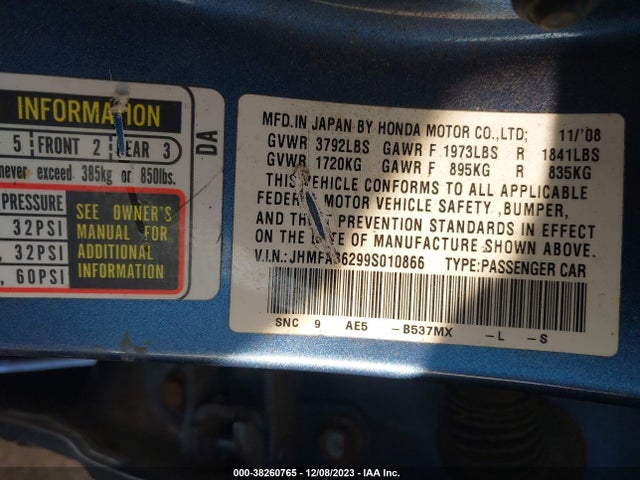 2009 HONDA CIVIC HYBRID VIN: JHMFA36299S010866