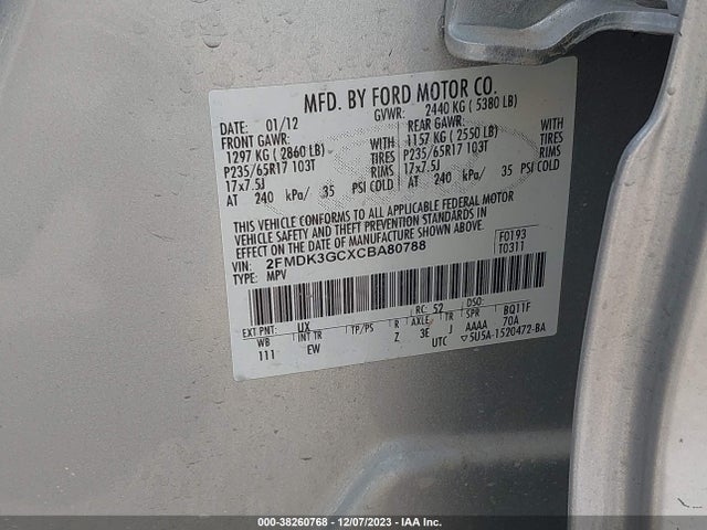 2012 FORD EDGE SE VIN: 2FMDK3GCXCBA80788