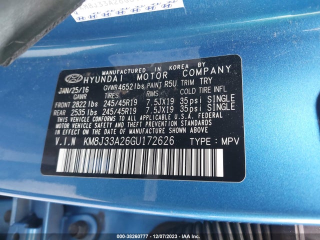 Продажа на аукционе авто 2016 Hyundai Tucson Limited, vin: KM8J33A26GU172626, номер лота: 38260777