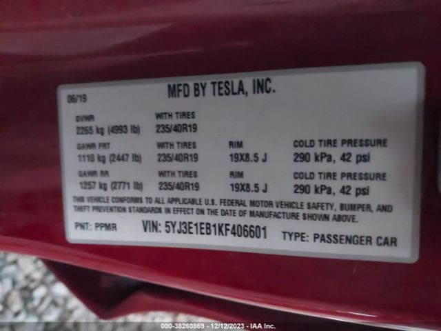 5YJ3E1EB1KF406601 Tesla Model 3 Long Range/performance