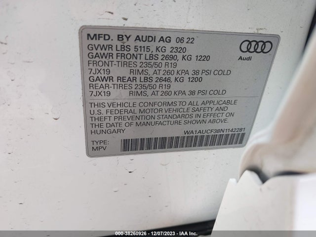 WA1AUCF38N1142281 Audi Q3 Premium 40 Tfsi Quattro Tiptronic