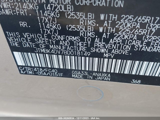 2011 TOYOTA RAV4 BASE V6 VIN: JTMBK4DV7BD018149
