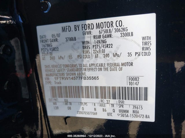 2007 FORD F-150 LARIAT VIN: 1FTRW14577FB35565