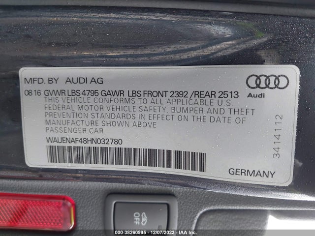 2017 AUDI A4 2.0T PREMIUM VIN: WAUENAF48HN032780