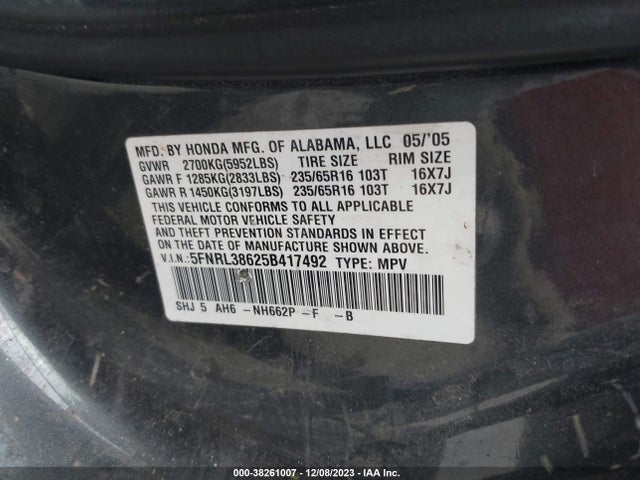 2005 HONDA ODYSSEY EX-L VIN: 5FNRL38625B417492