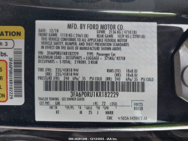 3FA6P0RU1KR182229 Ford Fusion Hybrid Titanium