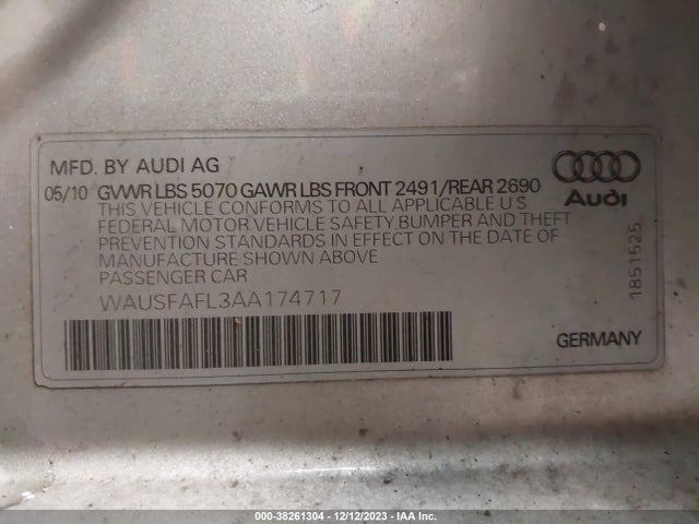 2010 AUDI A4 2.0T PREMIUM VIN: WAUSFAFL3AA174717