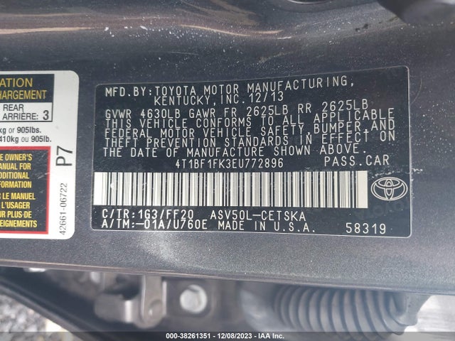 2014 TOYOTA CAMRY SE VIN: 4T1BF1FK3EU772896