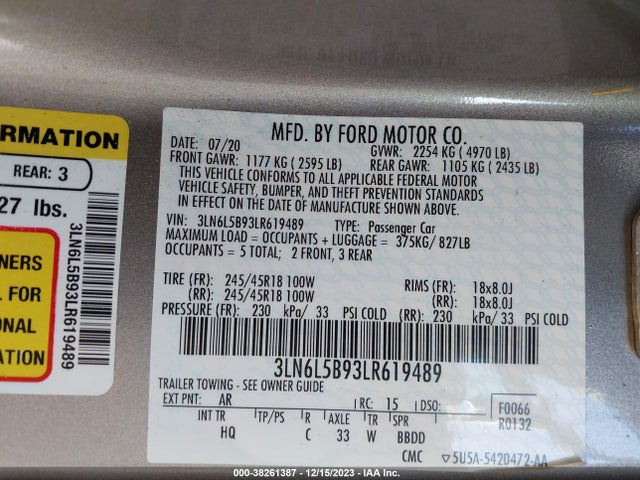 2020 LINCOLN MKZ STANDARD VIN: 3LN6L5B93LR619489