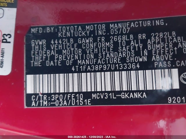 Aukcja sprzedaży 2007 Toyota Camry Solara Se/sle/se Sport, vin: 4T1FA38P97U133364, numer aukcji: 38261425