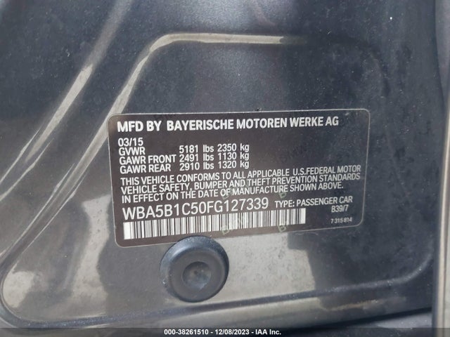 2015 BMW 535I VIN: WBA5B1C50FG127339