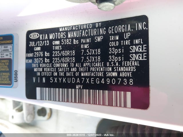 KIA Sorento Ex V6 2014 5XYKUDA7XEG490738 Image 9