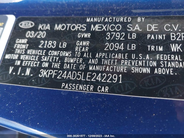 2020 KIA FORTE LXS VIN: 3KPF24AD5LE242291