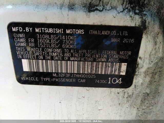 2017 MITSUBISHI MIRAGE G4 ES VIN: ML32F3FJ7HH001025