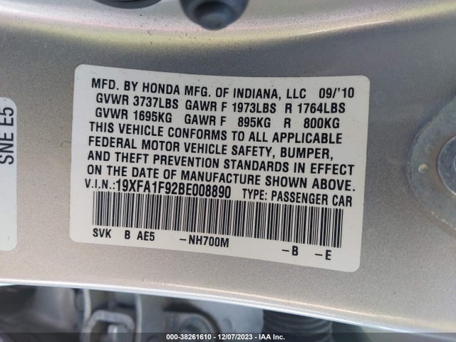 2011 HONDA CIVIC EX-L VIN: 19XFA1F92BE008890