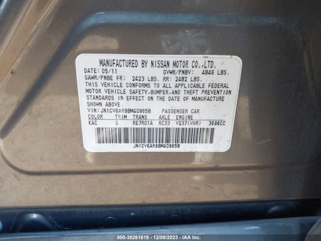 2011 INFINITI G37X VIN: JN1CV6AR9BM409658