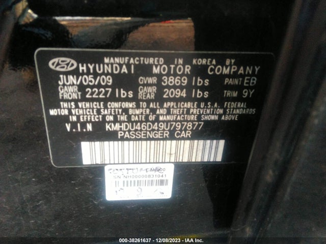 2009 HYUNDAI ELANTRA GLS VIN: KMHDU46D49U797877