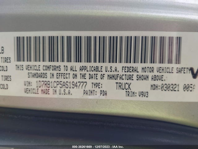 2010 DODGE RAM 1500 SLT/SPORT/TRX VIN: 1D7RB1CP5AS194777