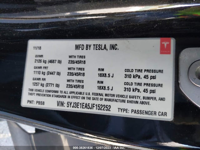 5YJ3E1EA5JF152252 Tesla Model 3 Mid Range/long Range