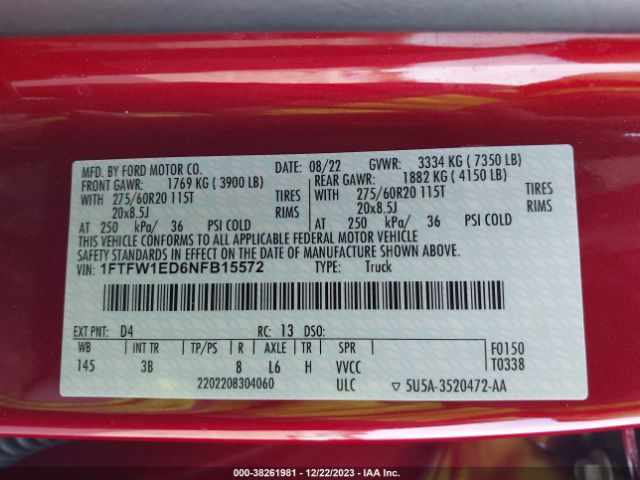 1FTFW1ED6NFB15572 Ford F-150 Platinum