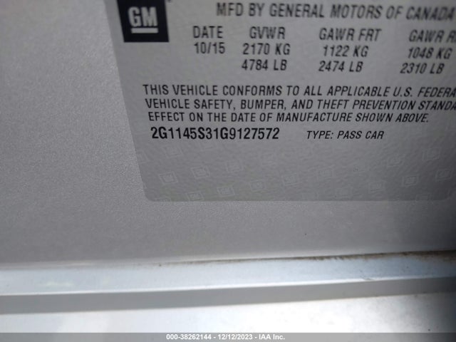 2016 CHEVROLET IMPALA 2LZ VIN: 2G1145S31G9127572