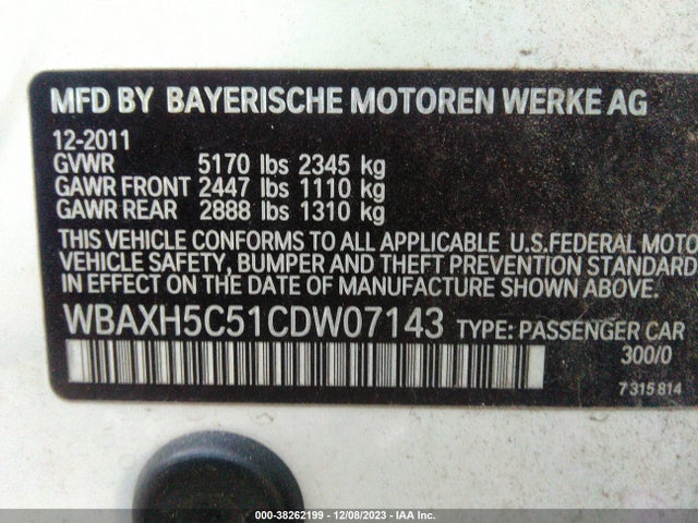 2012 BMW 528I XDRIVE VIN: WBAXH5C51CDW07143