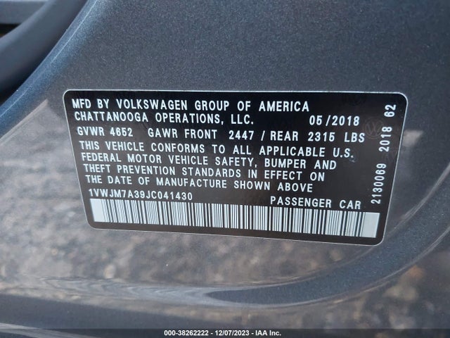 2018 VOLKSWAGEN PASSAT 3.6L V6 GT VIN: 1VWJM7A39JC041430