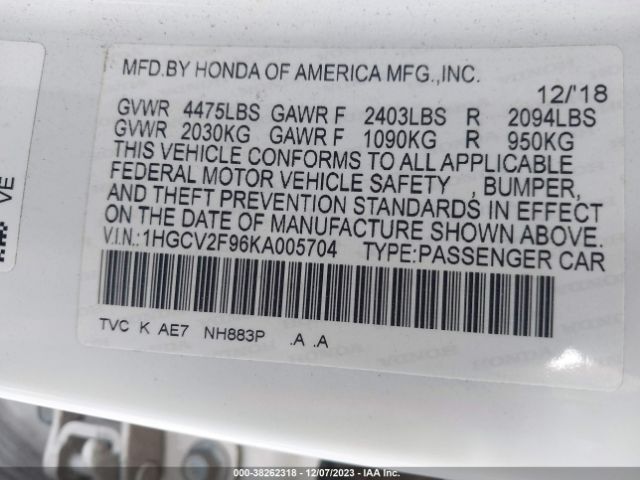 1HGCV2F96KA005704 Honda Accord Touring 2.0t