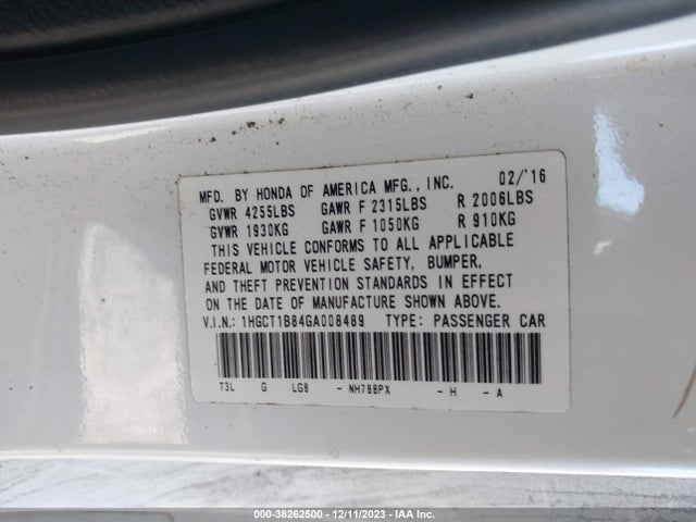 2016 HONDA ACCORD EX-L VIN: 1HGCT1B84GA008489