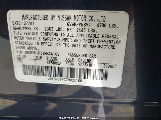 2007 INFINITI G35X VIN: JNKBV61F37M824169