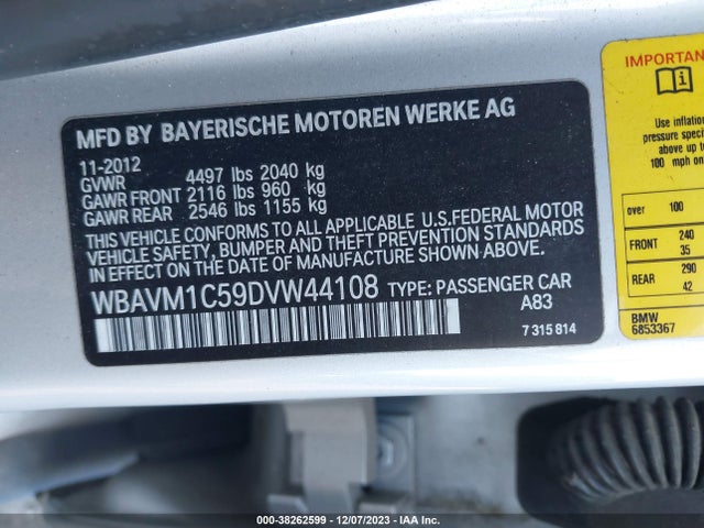 2013 BMW X1 SDRIVE28I VIN: WBAVM1C59DVW44108