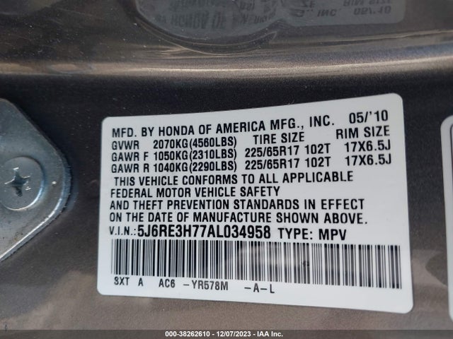2010 HONDA CR-V EX-L VIN: 5J6RE3H77AL034958