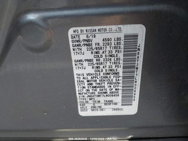 2020 NISSAN ROGUE SV FWD VIN: JN8AT2MT7LW009456