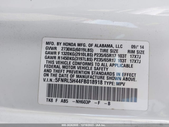 Honda ODYSSEY EX 2015 5FNRL5H44FB018918 Image 9