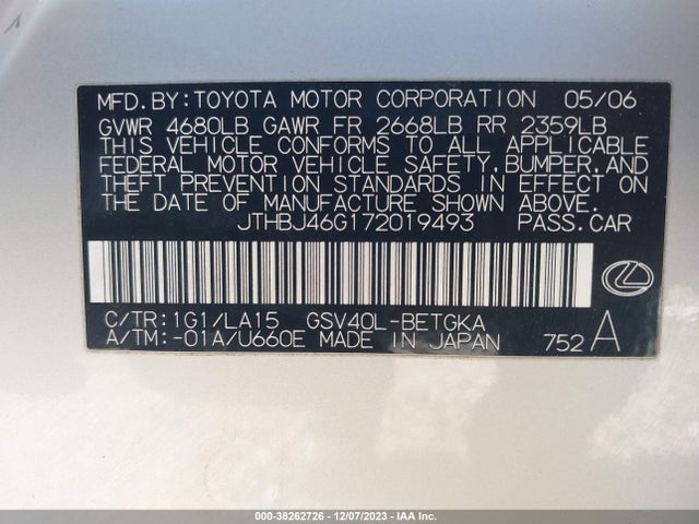 2007 LEXUS ES 350 BASE (A6) VIN: JTHBJ46G172019493