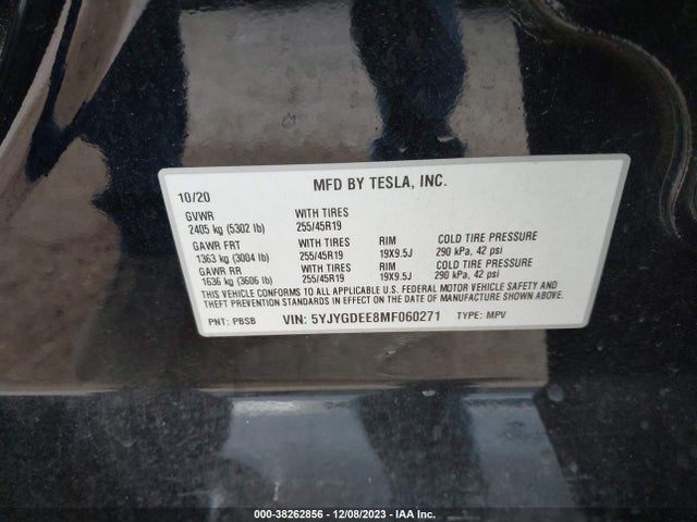 2021 TESLA MODEL Y LONG RANGE DUAL MOTOR ALL-WHEEL DRIVE VIN: 5YJYGDEE8MF060271