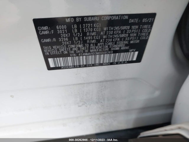 2021 SUBARU ASCENT TOURING VIN: 4S4WMARD3M3448369