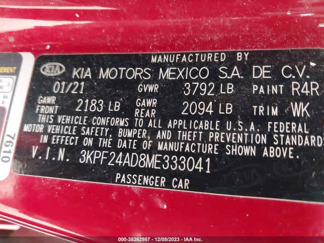 2021 KIA FORTE LXS VIN: 3KPF24AD8ME333041