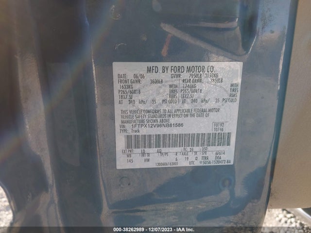 2006 FORD F-150 XLT/LARIAT/XL VIN: 1FTPX12V96NB81586