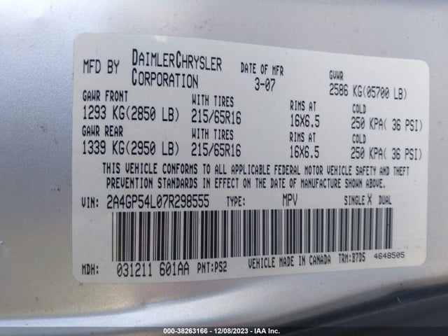 2007 CHRYSLER TOWN & COUNTRY TOURING VIN: 2A4GP54L07R298555