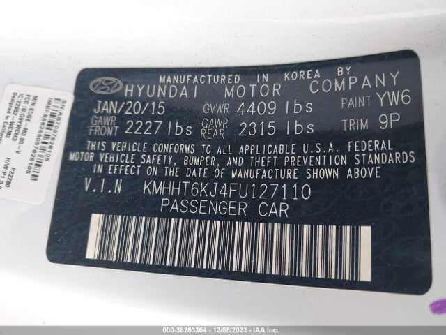 2015 HYUNDAI GENESIS 3.8 BASE VIN: KMHHT6KJ4FU127110