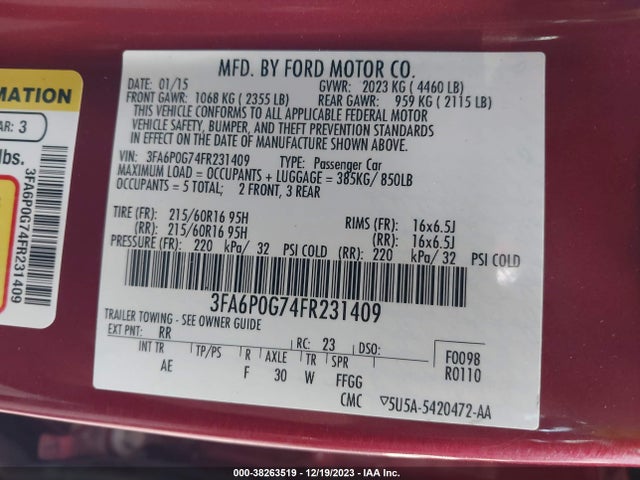 2015 FORD FUSION S VIN: 3FA6P0G74FR231409