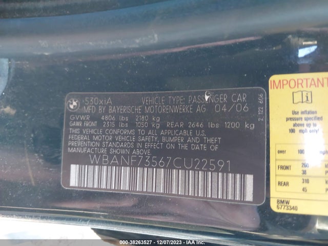 2007 BMW 530XI VIN: WBANF73567CU22591