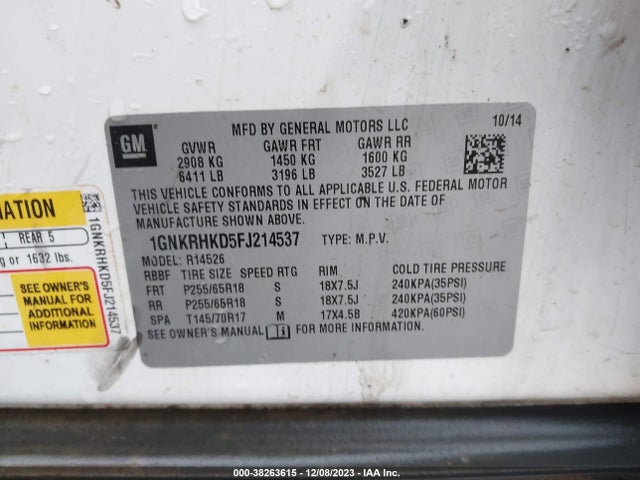 Chevrolet Traverse 2lt 2015 1GNKRHKD5FJ214537 Image 9