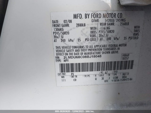 2008 LINCOLN MKX VIN: 2LMDU68C08BJ18048