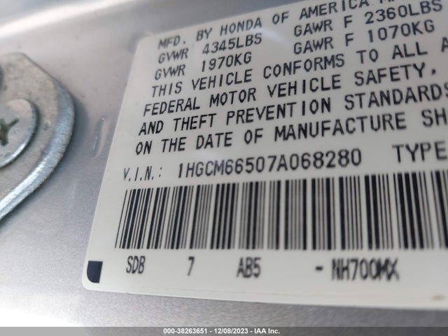 2007 HONDA ACCORD 3.0 EX VIN: 1HGCM66507A068280