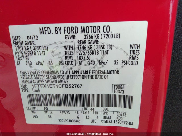 2012 FORD F-150 FX4 VIN: 1FTFX1ET1CFB52787
