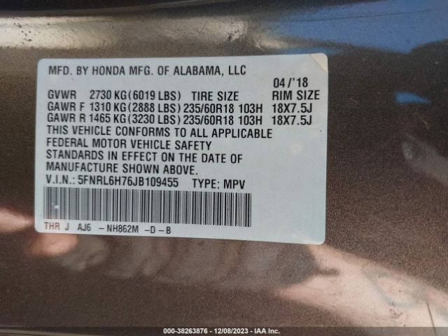 5FNRL6H76JB109455 Honda Odyssey Ex-l