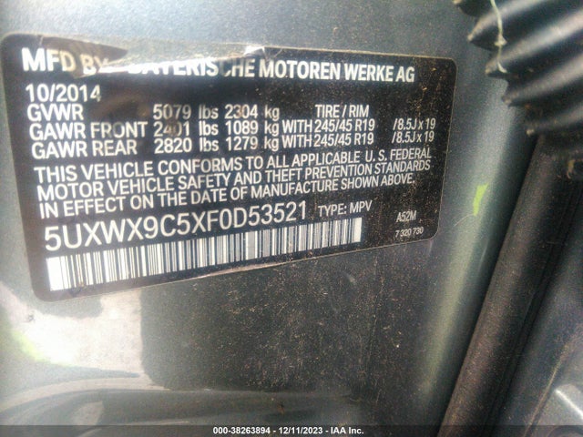 2015 BMW X3 XDRIVE28I VIN: 5UXWX9C5XF0D53521
